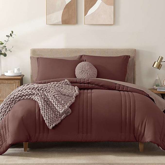 Monbix King Size Comforter Set - 7 Pieces Bed in a Bag King, Dark Red Bedding Sets with Comforter, All Seasons Comforter Bed Set with Sheets, Pillowcases & Shams