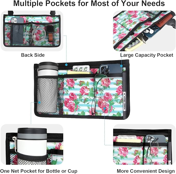 Wheelchair Side Bag, Upgrade Flower Color Wheelchair Armrest Storage Pouch with Cup Holder and Reflective Strip Made with Waterproof Fabric, for Most Wheelchairs, Walkers and Rollators (White Floral)