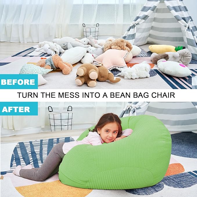 Stuffed Animal Storage Bean Bag Chair Cover for Kids, 38" Beanbag Chairs Cover Plush Toys Organizer Super Soft Corduroy with Handle and Zipper for Boys and Girls - Green