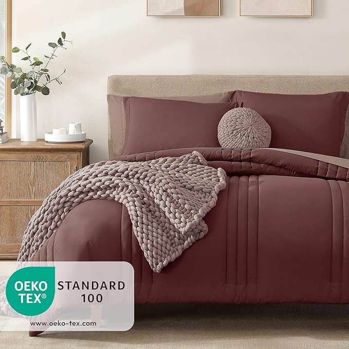 Monbix King Size Comforter Set - 7 Pieces Bed in a Bag King, Dark Red Bedding Sets with Comforter, All Seasons Comforter Bed Set with Sheets, Pillowcases & Shams