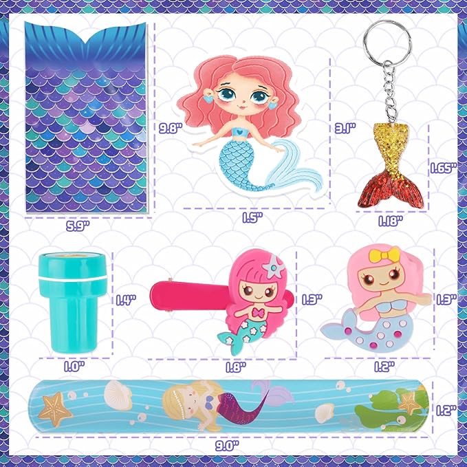 132Pcs Mermaid Party Favors, Mermaid Party Supplies for Girls Include Keychains, Slap Bracelets, Rings, Clips, Stampers, DIY Sticker, Stickers, mermaid goodie bags, Perfect for mermaid give away gift