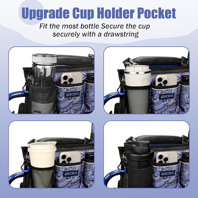 Wheelchair Side Bag, Wheelchair Armrest Pouch Accessories with Cup Holder, Storage Bag for Walker, Rollator, Electric Scooter Wheelchairs, Ideal Gift for Mother's Day & Father's Day (Navy)