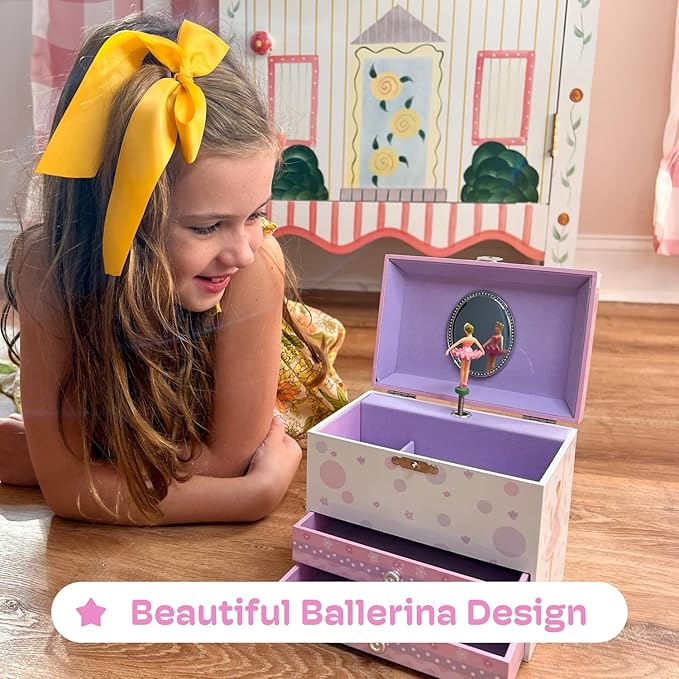 Jewelkeeper Jewelry Box - Jewelry Box for Girls with Ballerina and Music Box - Dual Drawers and Spacious Storage - Swan Lake Tune - White and Purple Keepsake Box - 6 x 6.75 x 5.25 Inches