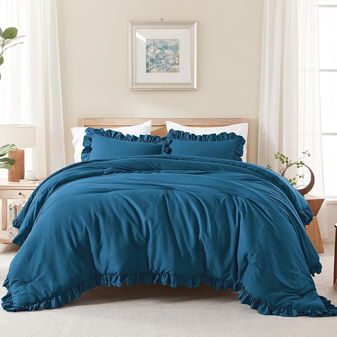 Andency Teal Ruffle Comforter Queen(90x90Inch), 3 Pieces(1 Ruffled Comforter and 2 Pillowcases) Solid Farmhouse Shabby Chic Bed, Vintage Rustic Soft Microfiber Bedding Set