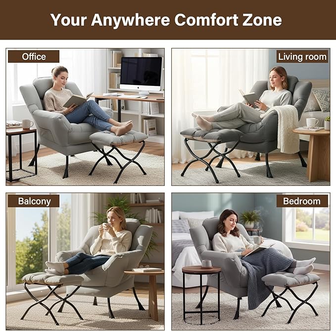 Welnow Lazy Chair with Ottoman, Modern Lounge Accent Chair with Armrests and a Side Pocket, Leisure Sofa Armchair Set, Reading Armchair with Footrest for Small Space, Light Grey