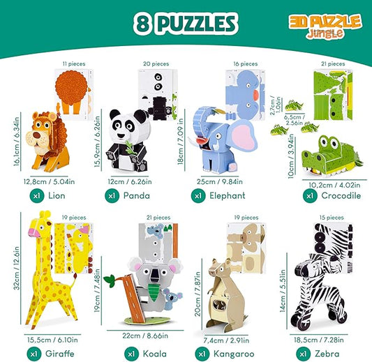 3D Puzzles for Kids Toys Pack 8 - BONNYCO | 3D Puzzle for Kids of Jungle Animals, Educational Girl and Boy Toys, Gifts for Kids, Birthday Gifts for Boys | Kid Toys, 3-D Puzzles, 3D Jigsaw, Christmas
