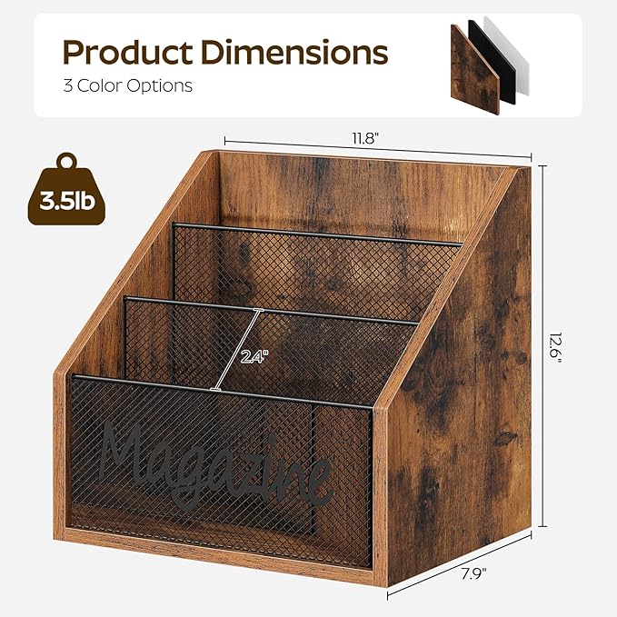 YATINEY Magazine Holder, Wood Magazine Rack Floor, Mail Organizer Countertop, Magazine Mail Holder Sorter, Record Holder for Magazines, Books, Newspapers, Tablets, Rustic Brown and Black MR02BR