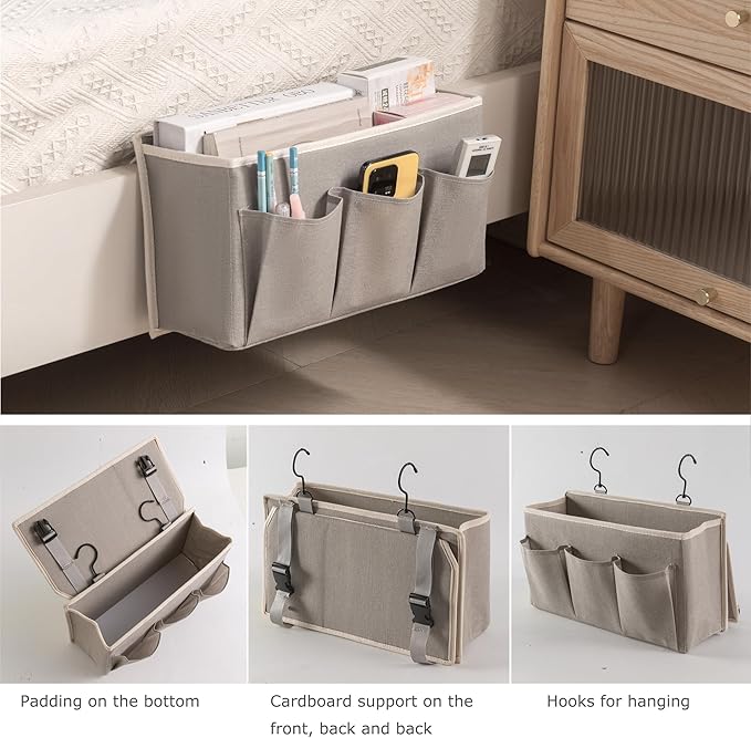 Bedside Caddy/Bedside Storage Organizer Hanging Bag with Three Options,Suitable for home beds, sofas, and dormitory beds—can hold magazines, books, phones, iPads, remote controls. (Gray)