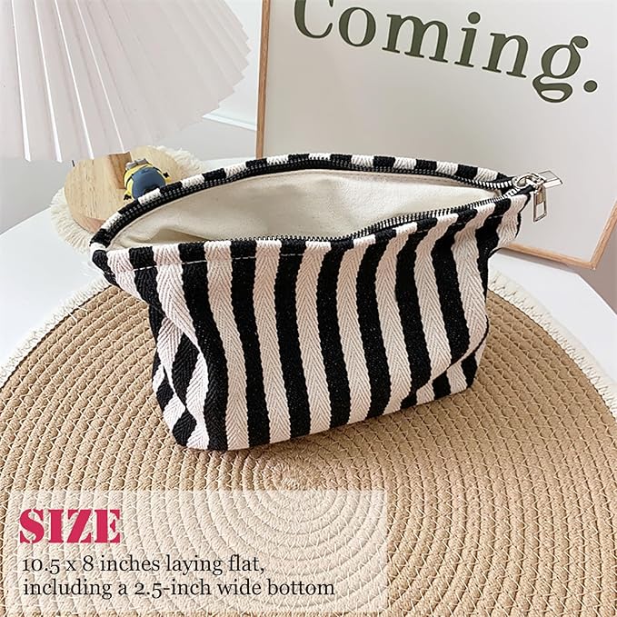 HAPPYHEIDI Large Stripe Makeup Bag Cosmetic Toiletry Travel Pouch, Purse Organizer, Canvas Lined, Black White, Large