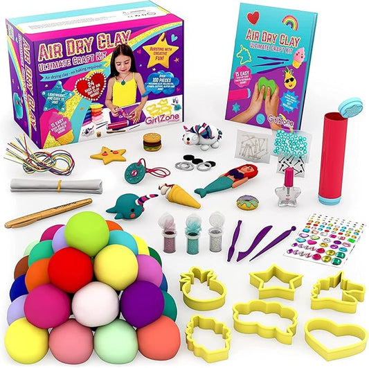 GirlZone Air Dry Clay Ultimate Craft Kit, Over 100 Piece Kids Modeling Clay Set, Air Dry Clay for Kids with No Baking Required, Arts & Crafts for Girls Age 3+ (Regular Size)