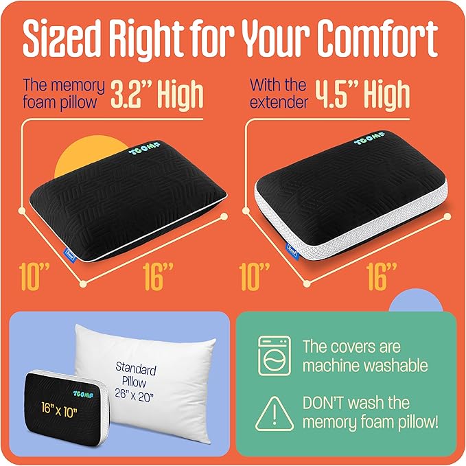 TCOMF Kids Camping Pillow: Dual-Cover Memory Foam Small Pillow; Medium-Firm Camp Pillow | Mini Pillow w/ 5 Layers for Comfort and Support; Small Travel Pillow/Compact Pillow 10x16 Inches (Black)