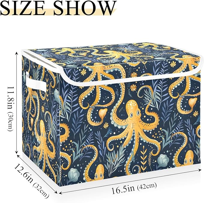 senya Large Storage Bins with Linen Collapsible Foldable Storage Cubes Fabric Closet Organizer Containers box with Flip-Top Lid for Home Bedroom Office 16.7 x 12.6 x 11.8in (Octopus and Water Grass)
