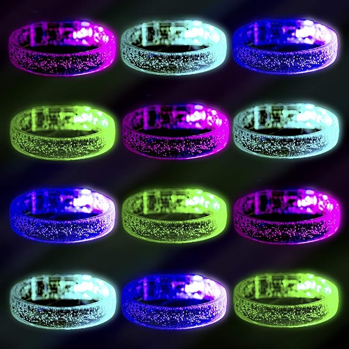 Flashing LED Light up Bracelets, Colorful Blinking Glow Wristbands Party Favors Toys Supplies for Birthday, Parties, Carnivals, Clear Case 12 Pack