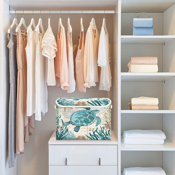 senya Large Storage Bins with Linen Collapsible Foldable Storage Cubes Fabric Closet Organizer Containers box with Flip-Top Lid for Home Bedroom Office 16.7 x 12.6 x 11.8in (Sea Turtle)