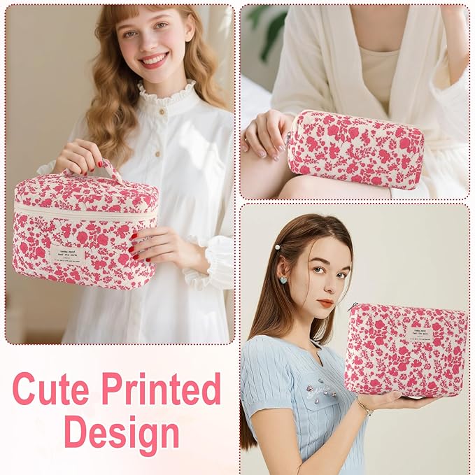 URSKYTOUS 3Pcs Cotton Quilted Makeup Bag for Women Large Small Travel Cosmetic Bag Set Cute Pink Floral Print Makeup Pouch for Purse Portable Skincare Bags Coquette Vintage Puffy Travel Essential