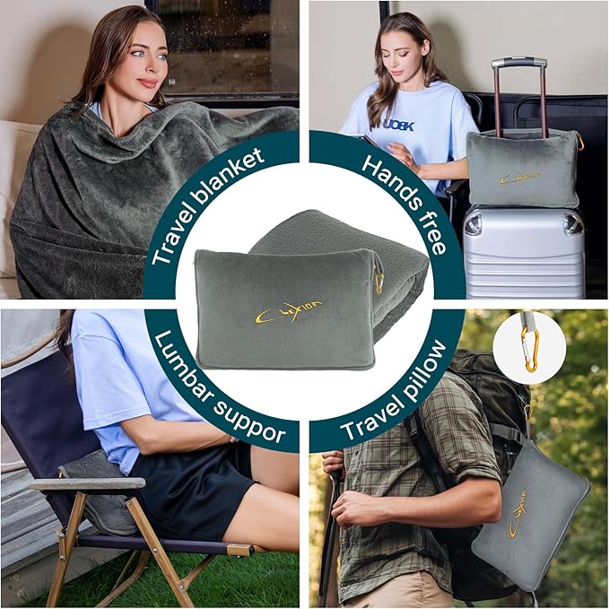 CLEXION Travel Blanket & Pillow Set, 300 GSM Soft Fleece, 60x43 Inches, 3-in-1 Airplane Blanket, Travel Pillow and Blanket Set, Travel Blanket Airplane Compact with Bag, Travel Essentials, Grey