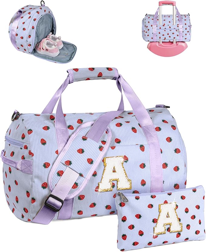 Teen Girl Gifts Trendy Stuff, Girls Gym Bag, Kids Personalized Overnight Duffle Bags with Shoe Compartment, Monogram Travel Tote with Makeup Bag, Holiday Gift Set (Letter A)