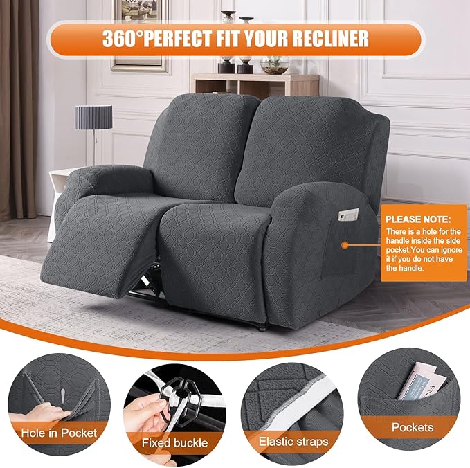 VANSOFY Recliner Cover, 2-Pieces Stretch Reclining Couch Cover with Pockets Loveseat Sofa Slipcovers Soft Washable Furniture Protector for Dogs Cats(Charcoal Gray)