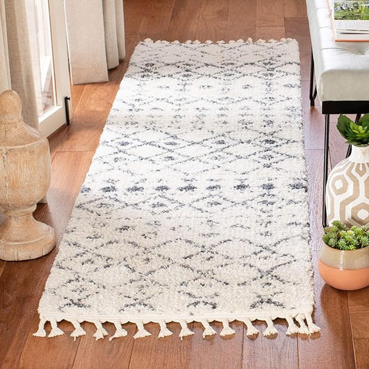 SAFAVIEH Berber Fringe Shag Collection 2'2" x 22' Cream / Dark Grey BFG516A Moroccan Non-Shedding Living Room Bedroom Dining Room Entryway Plush 1.2-inch Thick Runner Rug