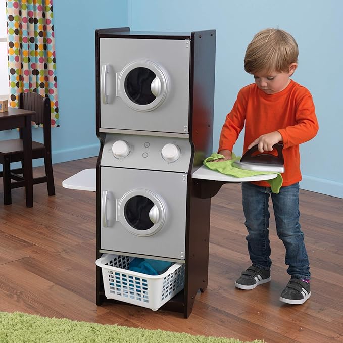 KidKraft Laundry Playset Children's Pretend Wooden Stacking Washer and Dryer Toy with Iron and Basket, Espresso, Gift for Ages 3+