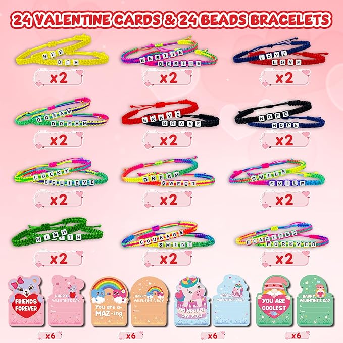 24Pack Kids Valentines Day Cards, Valentine Cards with Bead Bracelets, Valentines Day Gifts for Kids Classroom Prizes, Valentine School Exchange Gifts, Valentine’s Day Class Favors, Friendship Cards