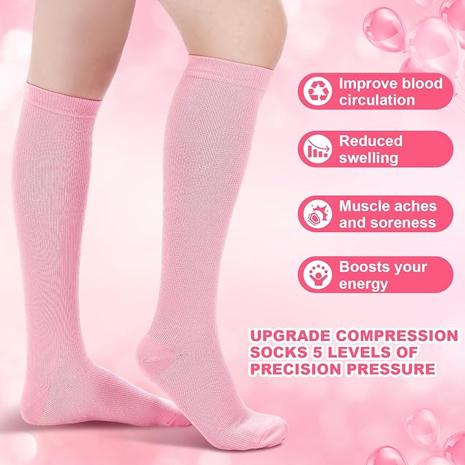 BreezeHug 4 Pcs Travel Comfort Kit with Memory Foam Travel Pillow Airplane Footrest Hammock 3D Contoured Eye Mask Compression Socks Neck Pillow for Car Flight Sleeping Support(Pink)