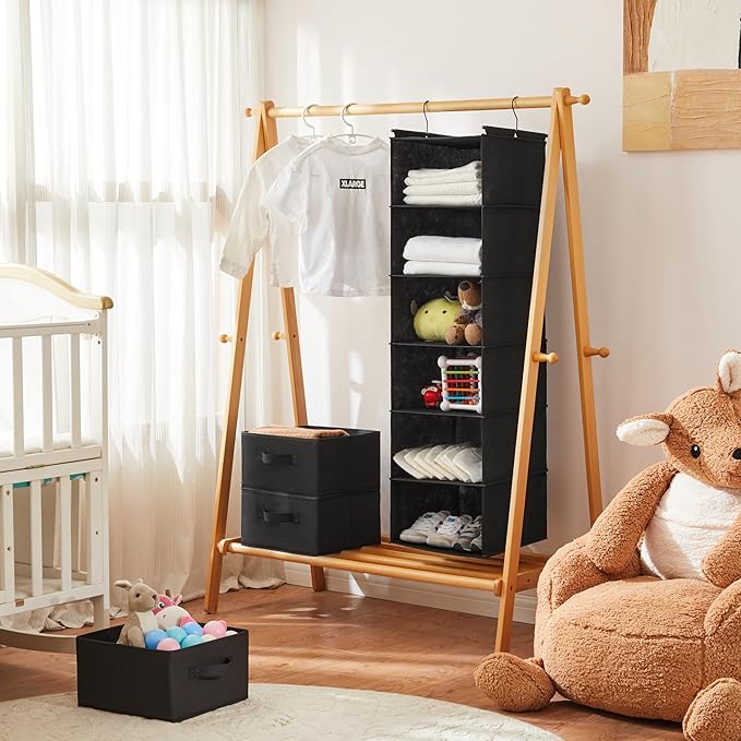 MAX Houser 6 Tier Shelf Hanging Closet Organizer, Closet Hanging Shelf with 2 Sturdy Hooks for Storage, Foldable (Black-D3)