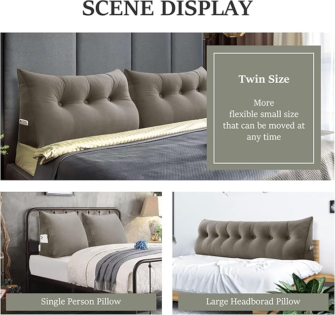 Bed Wedge Pillow for Headboard Large Bolster Pillow Reading Pillows for Sitting Up in Bed Adult, Triangular Backrest Cushion Book Pillows for Daybed Couch Support Upholstered（Camel, Twin）