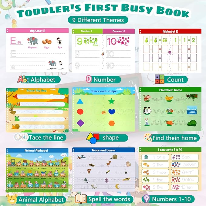 Handwriting Practice Book for Kids, Preschool Learning Activity Busy Book for Toddler 3 4 5 Year Olds, 40 Pages Autism Educational Montessori Toys, Tracking Letters Learn Number Shapes Animal Workbook