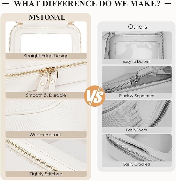 MSTONAL Clear Makeup Bag, Travel Toiletry Bag Cosmetic Case for Women, Waterproof Portable Make Up Skincare Pouch with Zipper, Compact Car Organizer Bag for Essentials, Mini & Medium, Ivory White