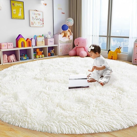 Xexsin Round Fluffy Rugs 8Ft for Girls Bedroom, Cream White Shag Circle Kids Rug Non-Slip for Bedside Dorm Nursery Playroom, Soft Cute Area Rugs for Living Room Decor