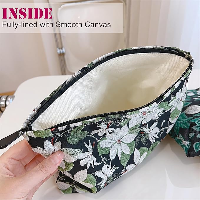 HAPPYHEIDI Large Black Embroidery Floral Makeup Bag Cosmetic Toiletries Travel Pouch, Canvas Lined, Purse Organizer, White Green Flowers