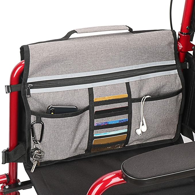 Wheelchair Storage Bag, Double-Sided Armrest Pouch with Cup Holder and Reflective Strip, for Wheelchairs and Walkers (Gray)
