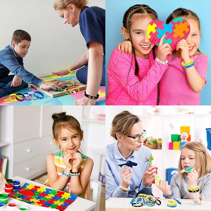 JUNEBRUSHS 42pcs Autism Awareness Silicone Bracelets Colorful Puzzle Pieces Inspirational Rubber Wristbands Accessories for Kids Adults Autism Awareness Party Decorations Gift Supplies (7 Designs)