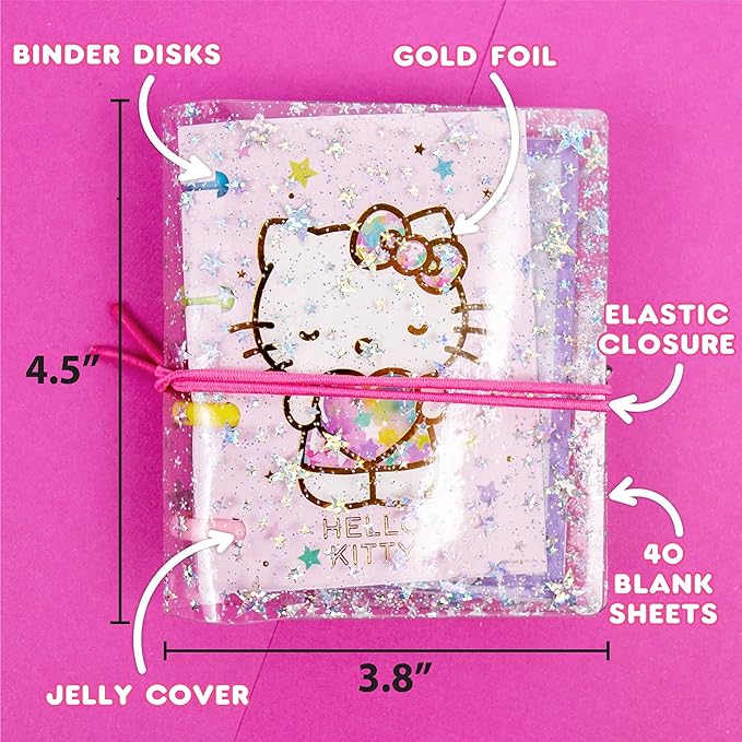 Horizon Group USA Hello Kitty DIY Glitter Micro Journal, 40+ Stationery Accessories Including Hello Kitty Stickers, Surprise Keychain, Interchangeable Binder Discs, Squishy Glitter Cover & More