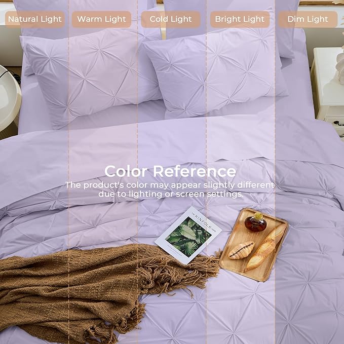 Sasttie California King Comforter Set, 7-Piece Bed in a Bag, Pintuck Bedding Sets for All Season, Includes Comforter, Flat Sheet, Fitted Sheet, Pillowcases and Pillowshams, Lavender