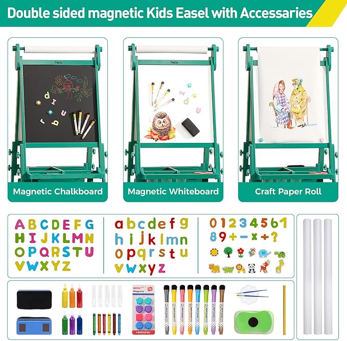 FUNLIO Foldable Anti-Warping Kids Art Easel, 3 Height Adjustable for Kids Aged 3-8, All-in-One Toddler Easel with Paper Roll, Standing Easel with Magnetic Chalkboard/Whiteboard - Green Foldable