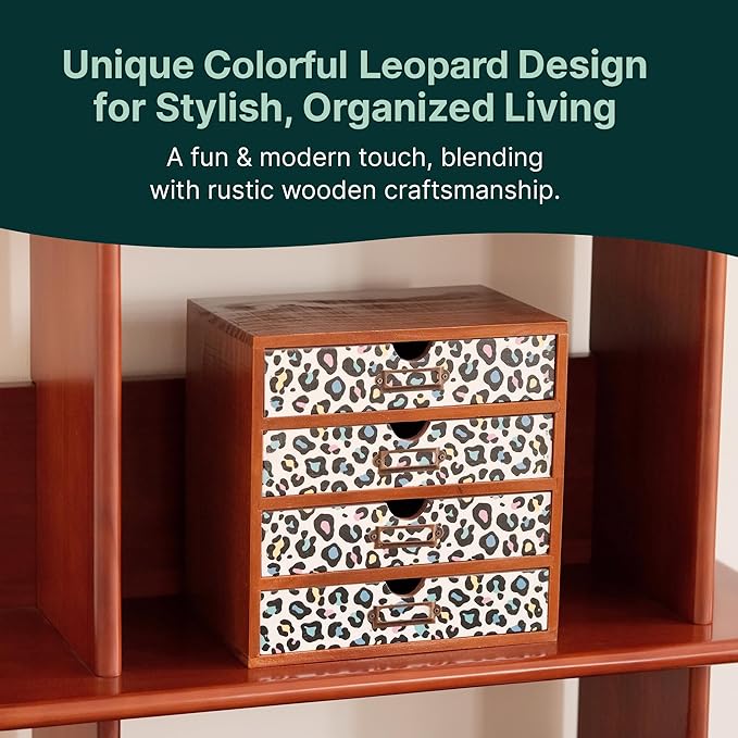 Colorful Leopard Print Wooden Desk Organizer - 4-Drawer Desktop Storage Cabinet for Office Supplies, Craft Tools & Home Organization - Trendy Wood Design for Crafters, Art Enthusiasts, Students
