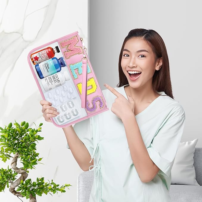 BuyCard Chenille Letter Clear Medicine Bags, Makeup Meds Bags, Preppy Patch Cosmetic Bag with Zipper&Wristlet, Waterproof PU&PVC Toiletry Medicine Storage Case, Portable Travel Drugs Pills Pouch Pink