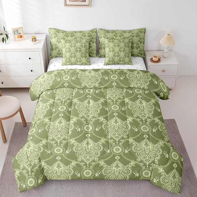 Feelyou Adults Green Vintage Damask Floral Bedding Set Antique Drawing Classical Paisley Comforter Set 7 Pieces Comforters King Size Gothic Bohemia Boho FloralHotel Style Bed in a Bag