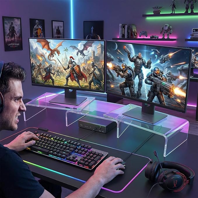 OPNICE Clear Acrylic Desk Organizers and Accessories, Dual Monitor Stand Riser with Drawer, Desk Shelf Computer Racks for Office Workspace Organizers, Desktop Organization