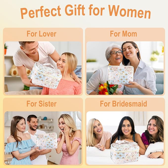 URSKYTOUS 3Pcs Cotton Quilted Makeup Bag for Women Girls Large Small Travel Floral Cosmetic Bags Set Cute Coquette Makeup Pouch for Purse Aesthetic Cloth Bee&Flower Storage Toiletry Bag Organizer