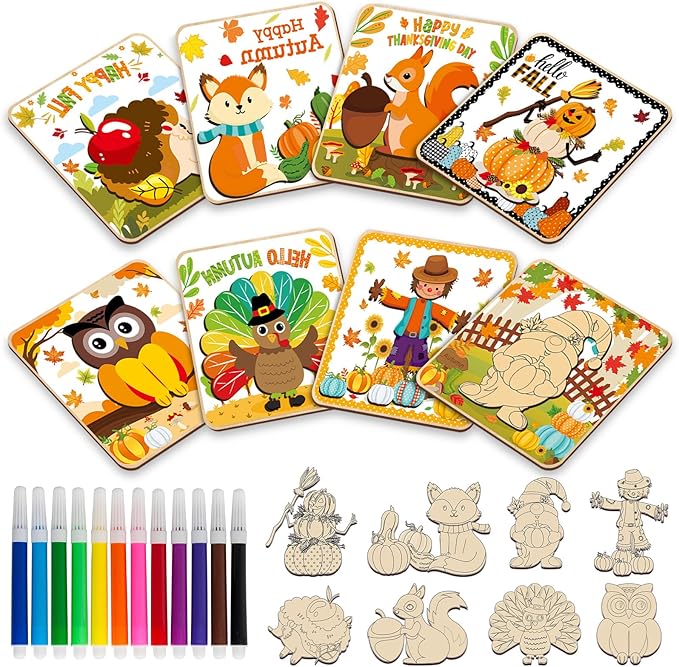 8 Pack Fall Thanksgiving Wooden Puzzles for Toddlers Autumn Puzzles Coloring Craft Kits for Kids Boys Girls Montessori Toys Harvest Party Favors Treat Bag Gifts Educational Learning Jigsaw Puzzle