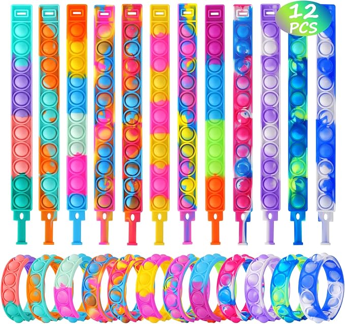 Fidget Toys Pop Fidgets Its Party Favors for Kids 4-8 12PCS Fidget Pop Bracelet for Children Toddler Toys Stress Pop Bubble It Sensory Toys for Kids Boys Girls Classroom Prizes Toys