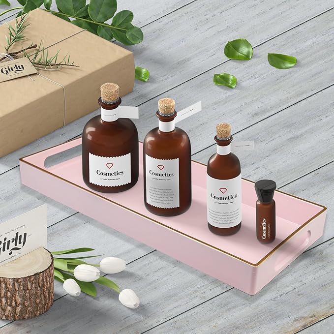 Leemxiiny Pink Vanity Tray with Handles, Decorative Tray Desktop Storage Organizer for Bathroom, Living Room, 5.9"*13.7"