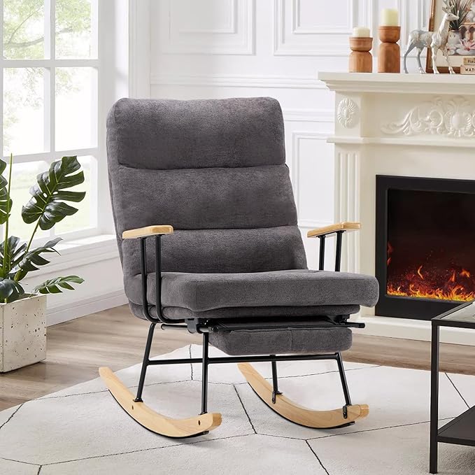 Rocking Chair with Footrest-Glider Rocker Chair with Retractable Footrest and Adjustable Backrest, Teddy Upholstered Rocking Chair Set of 2, Accent Chair for Living Room/Nursery/Bedroom/Outdoor-Grey