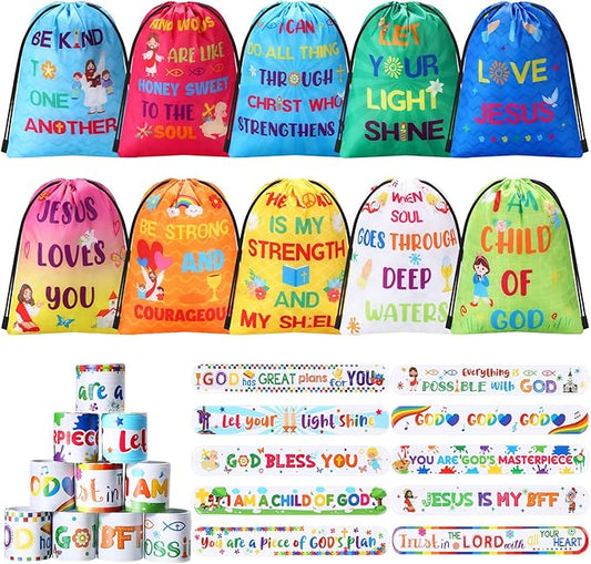 Frienda 10 Sets Christian Gift Bags Bulk Bible Verse Drawstring Bags with Jesus Slap Bracelets Religious Party Favors Gifts Jesus Loves You for Sunday School Classroom Prizes Party Supplies(Stylish)