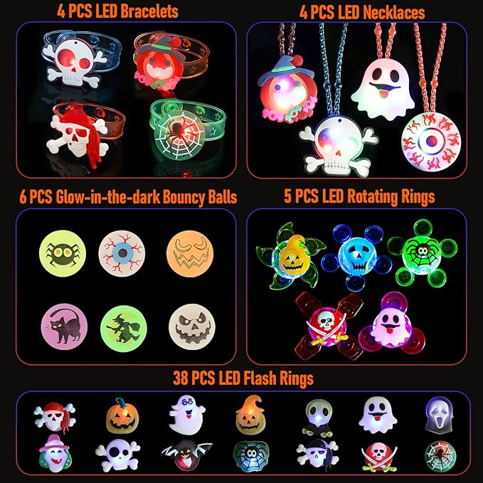 Halloween Party Favors for Kids - 57 PCS Halloween Decorations LED Flash Rings Light Up Necklaces Halloween Toys, Glow in the Dark Halloween Party Supplies, Halloween Gifts/Halloween Treats for Kids