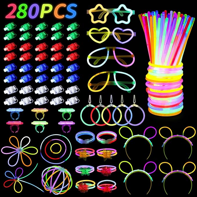 280PCS Glow in the Dark Party Supplies,Glow Party Favors With 100 Glow Sticks Bulk DIY Glow Necklaces Glasses Bracelets Headband Neon Glasses for Adult Kid Birthday Party Supplies Decorations