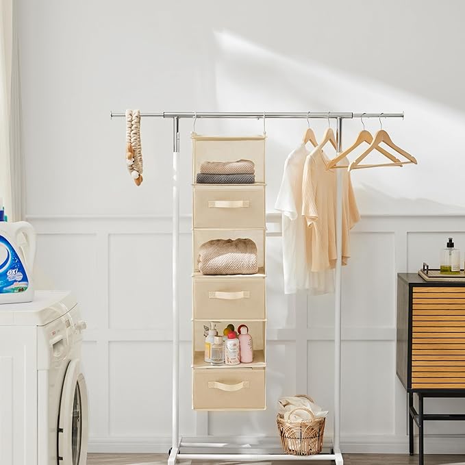 MAX Houser 6 Tier Shelf Hanging Closet Organizer, Closet Hanging Shelf with 2 Sturdy Hooks for Storage, Foldable (Beige-D3)